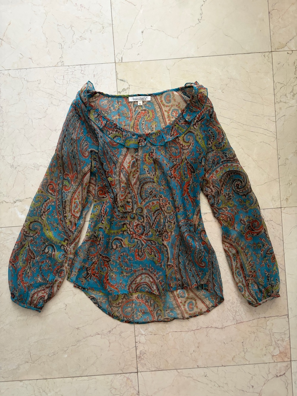 TravelSmith Teal Paisley Sheer Long-Sleeve Blouse